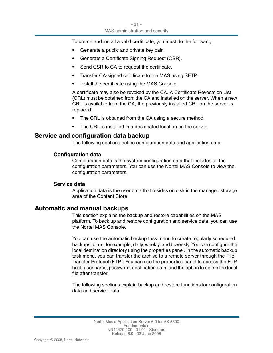 Service and configuration data backup, Configuration data, Service data | Automatic and manual backups, Service and configuration data backup 31, Automatic and manual backups 31 | Nortel Networks NN44470-100 User Manual | Page 31 / 63