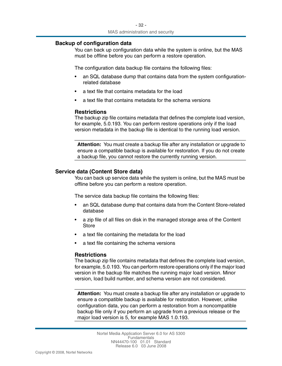 Backup of configuration data, Service data (content store data) | Nortel Networks NN44470-100 User Manual | Page 32 / 63
