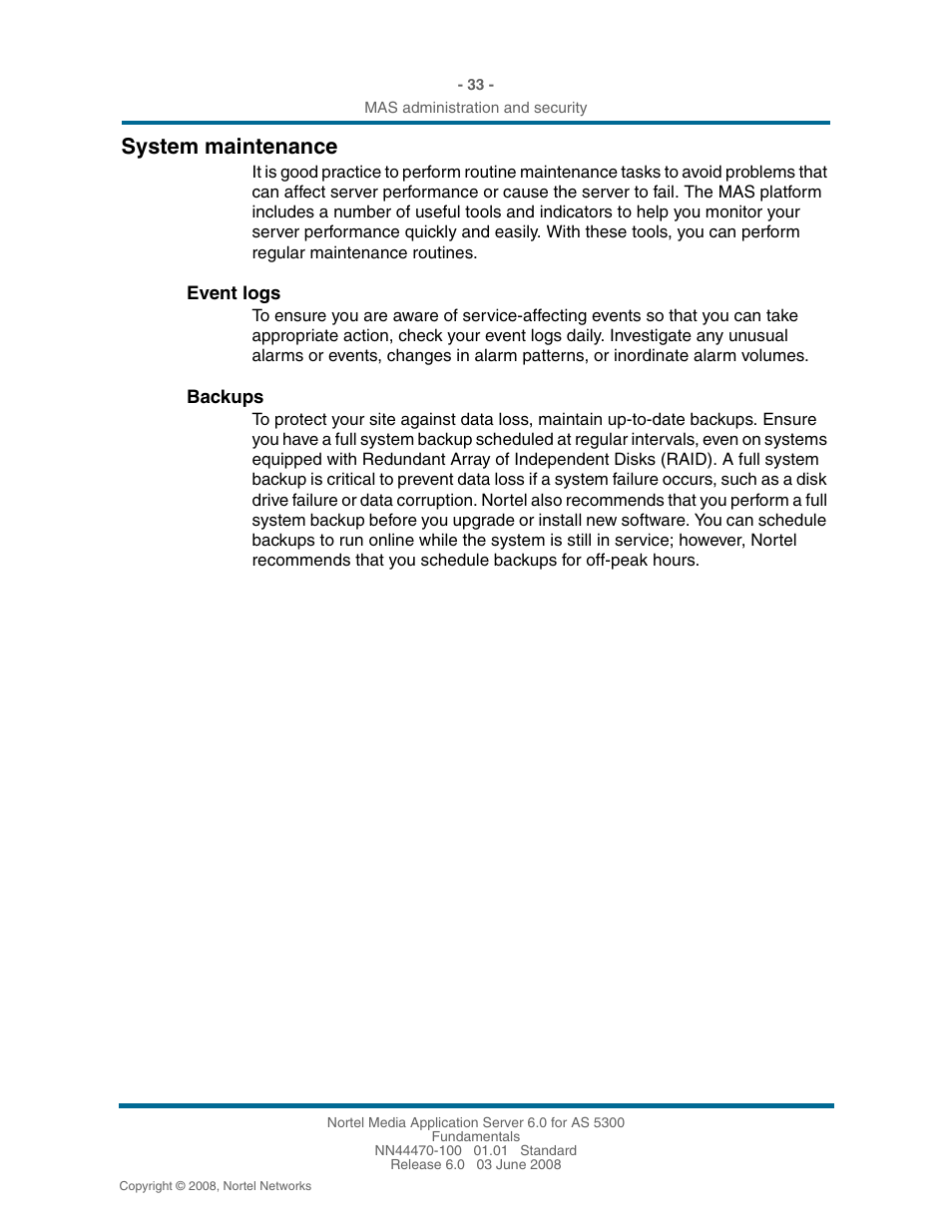 System maintenance, Event logs, Backups | System maintenance 33 | Nortel Networks NN44470-100 User Manual | Page 33 / 63