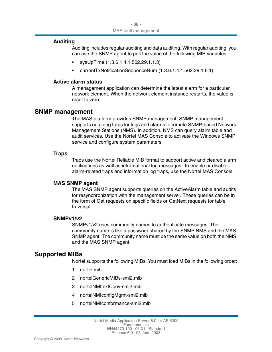 Auditing, Active alarm status, Snmp management | Traps, Mas snmp agent, Snmpv1/v2, Supported mibs, Snmp management 36, Supported mibs 36 | Nortel Networks NN44470-100 User Manual | Page 36 / 63