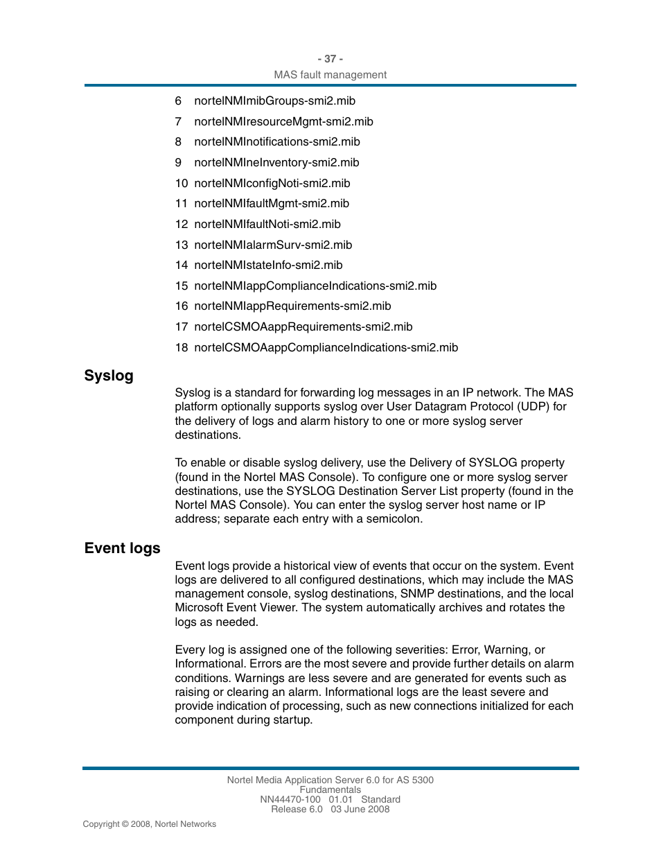 Syslog, Event logs, Syslog 37 | Event logs 37 | Nortel Networks NN44470-100 User Manual | Page 37 / 63