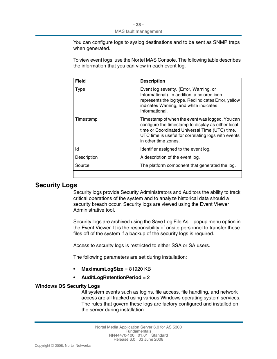 Security logs, Security logs 38 | Nortel Networks NN44470-100 User Manual | Page 38 / 63