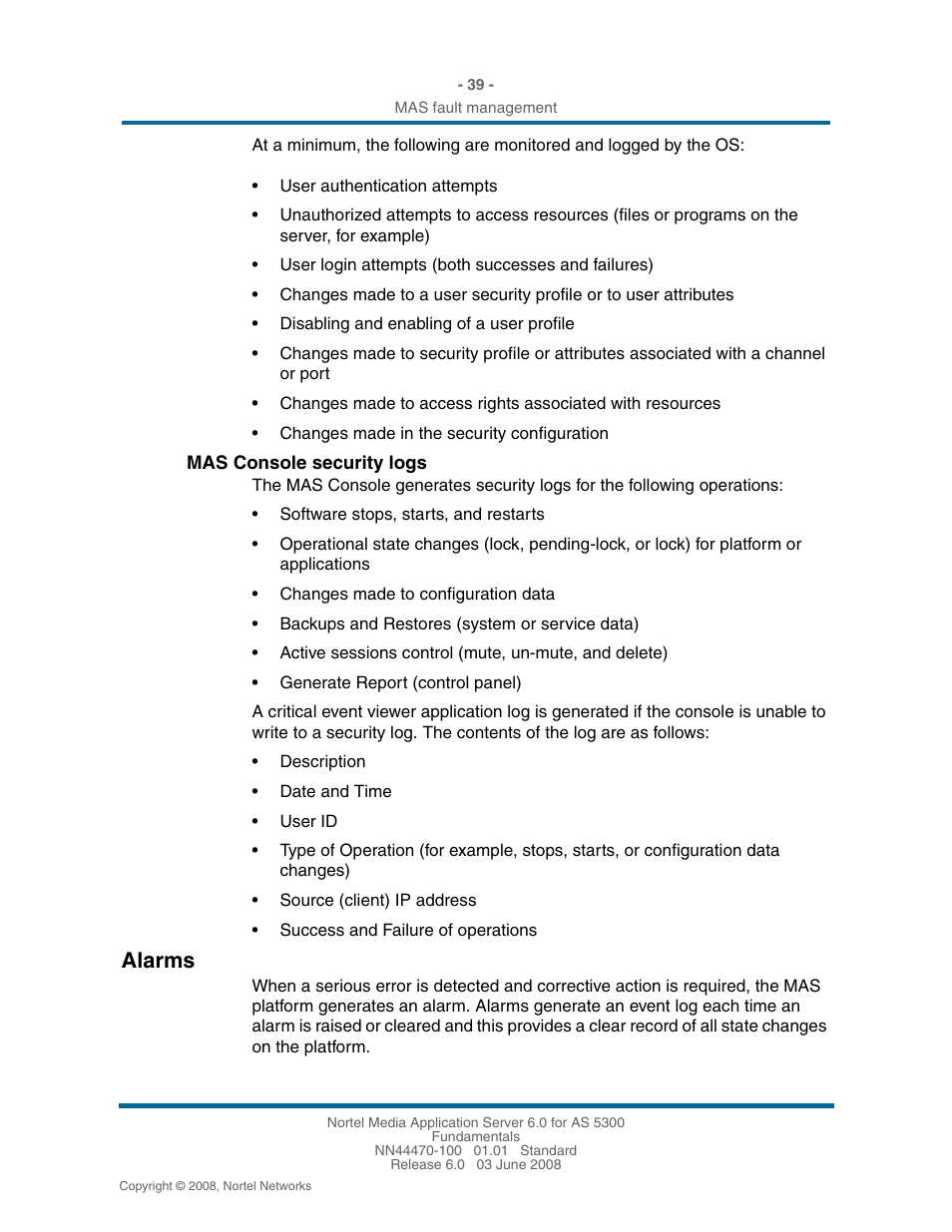 Mas console security logs, Alarms, Alarms 39 | Nortel Networks NN44470-100 User Manual | Page 39 / 63