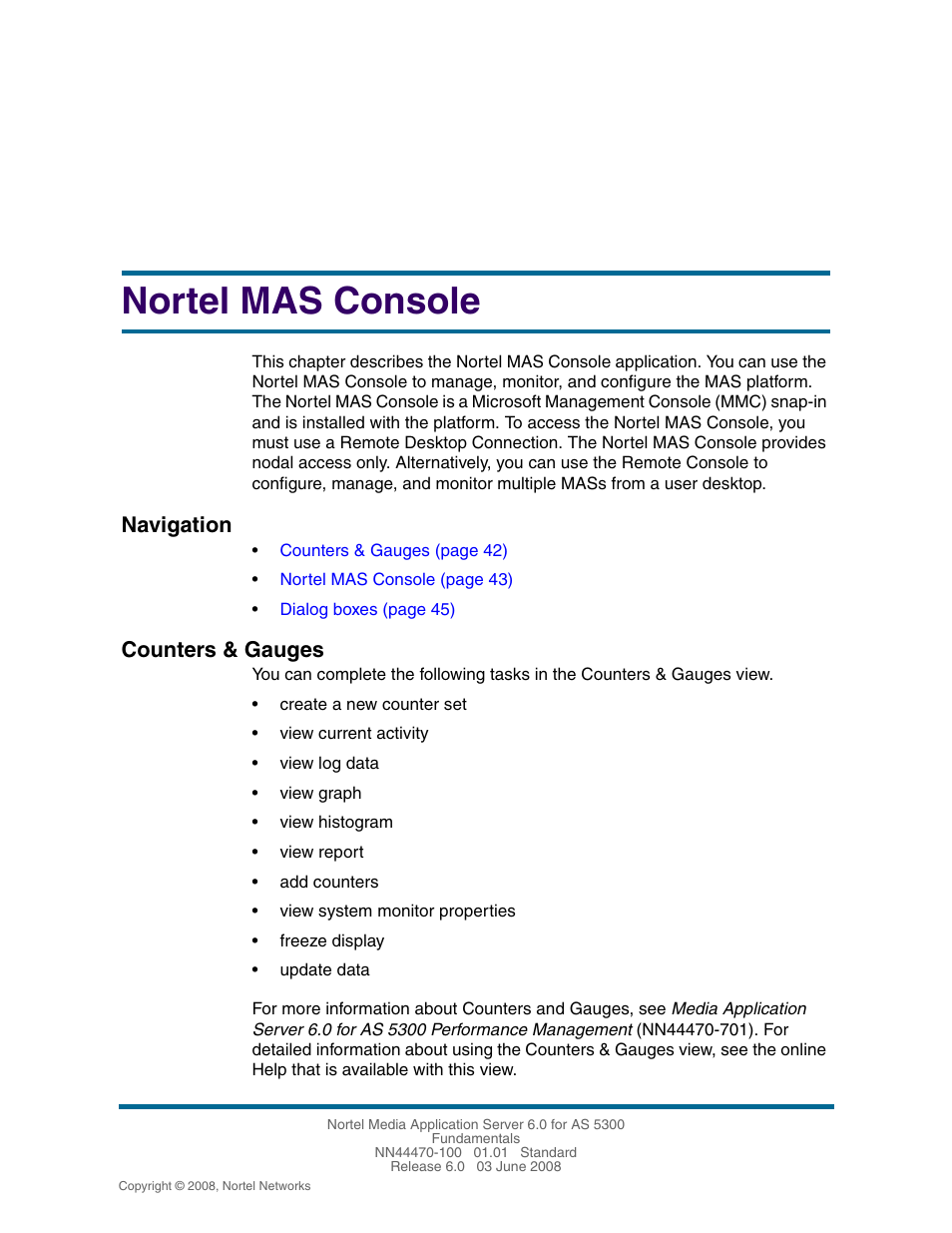 Nortel mas console, Counters & gauges, Counters & gauges 42 | Navigation | Nortel Networks NN44470-100 User Manual | Page 42 / 63