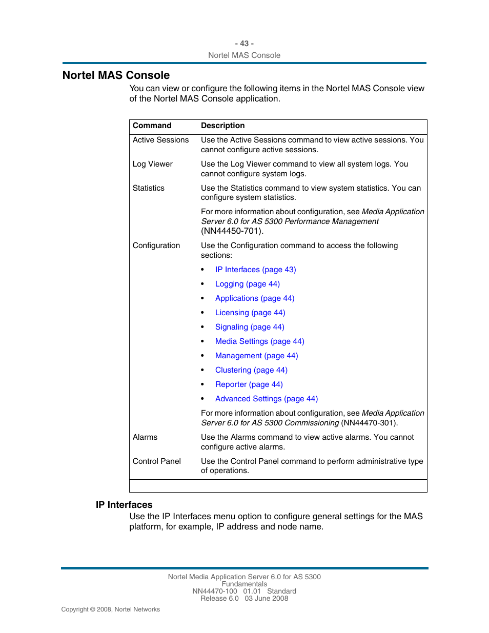 Nortel mas console, Ip interfaces, Nortel mas console 43 | Nortel Networks NN44470-100 User Manual | Page 43 / 63