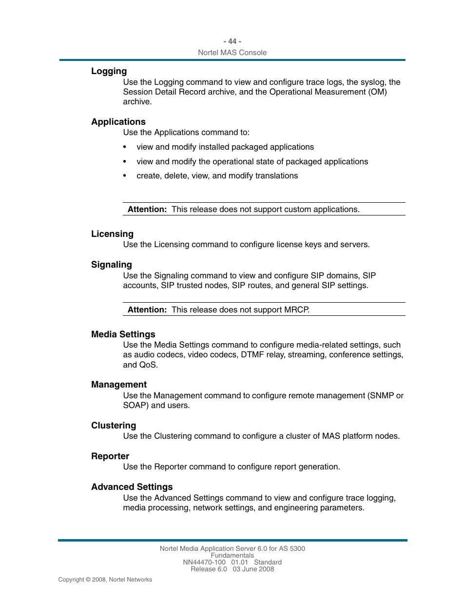 Logging, Applications, Licensing | Signaling, Media settings, Management, Clustering, Reporter, Advanced settings | Nortel Networks NN44470-100 User Manual | Page 44 / 63