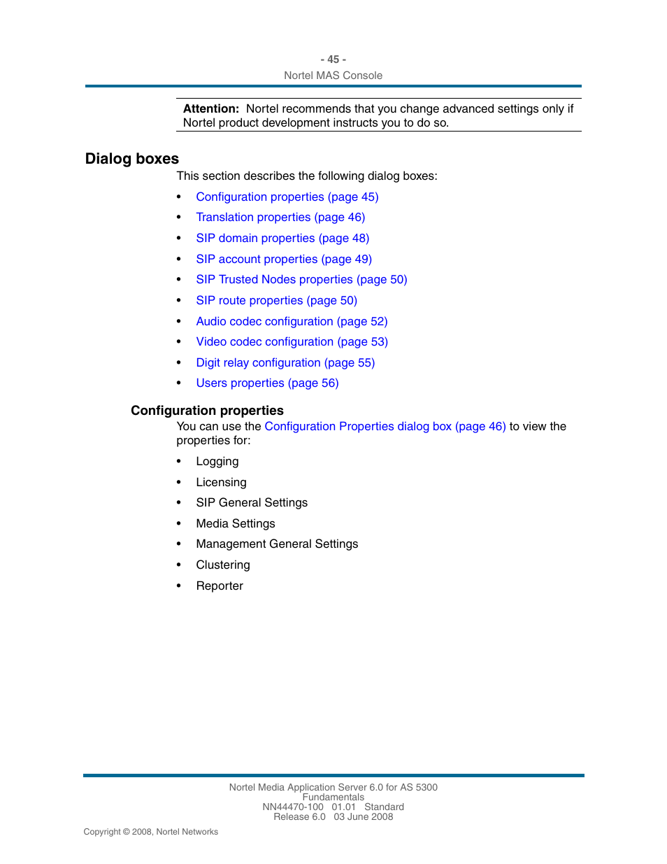 Dialog boxes, Configuration properties, Dialog boxes 45 | Nortel Networks NN44470-100 User Manual | Page 45 / 63