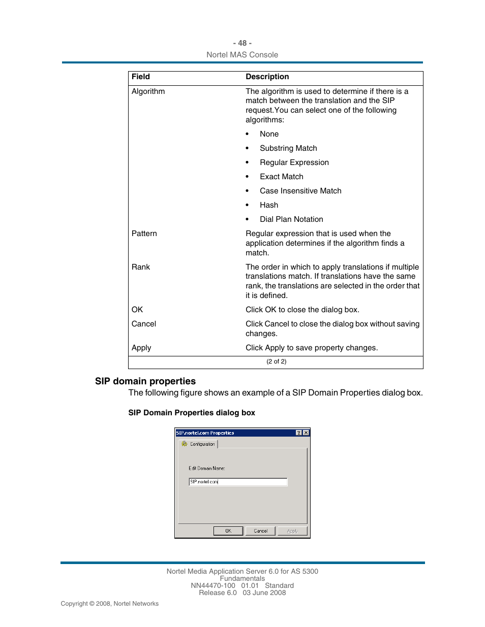 Sip domain properties | Nortel Networks NN44470-100 User Manual | Page 48 / 63