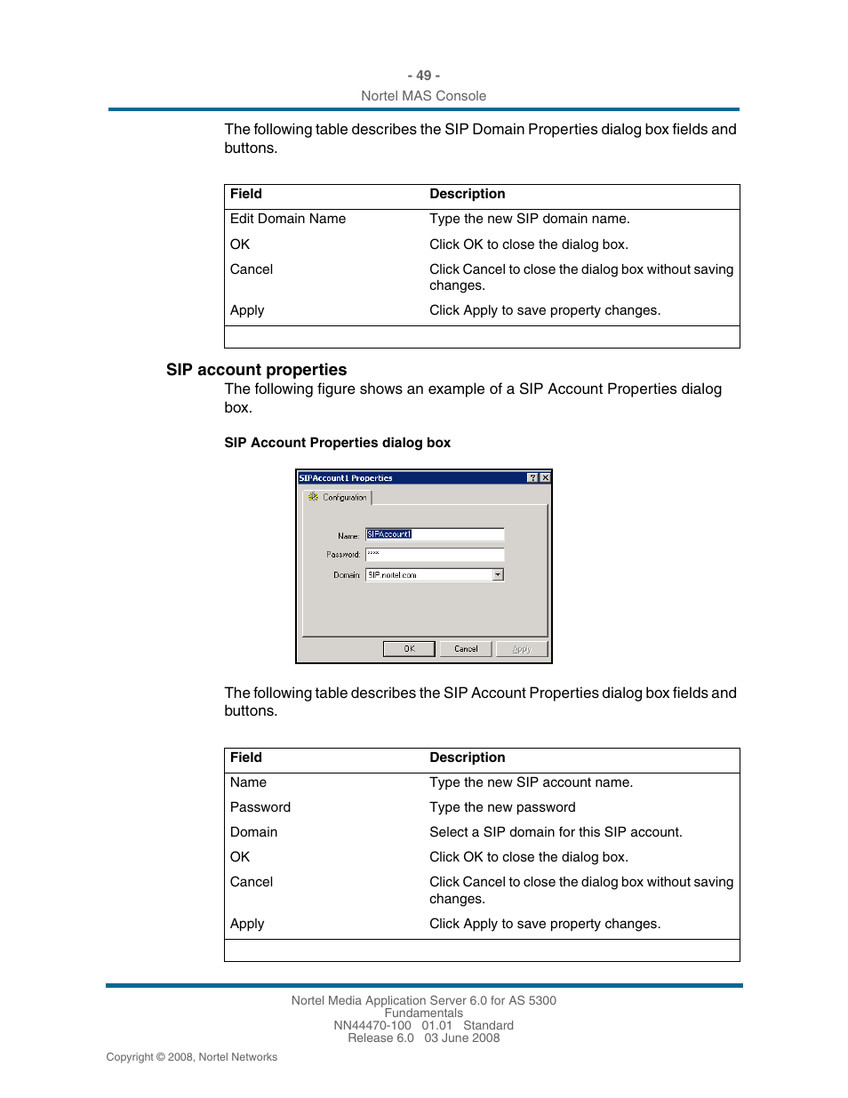 Sip account properties | Nortel Networks NN44470-100 User Manual | Page 49 / 63