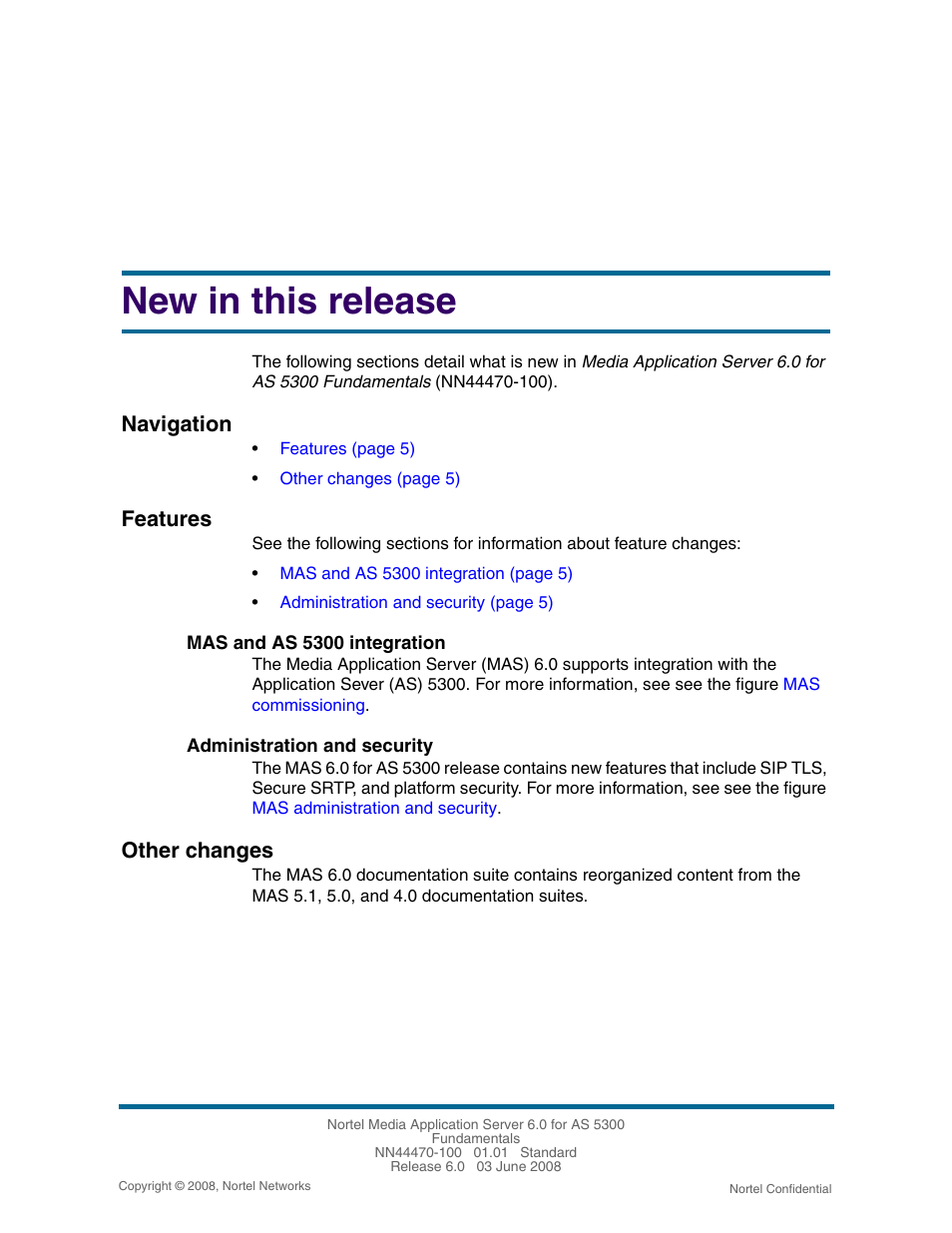 New in this release, Features, Mas and as 5300 integration | Administration and security, Other changes, Features 5, Other changes 5, Navigation | Nortel Networks NN44470-100 User Manual | Page 5 / 63