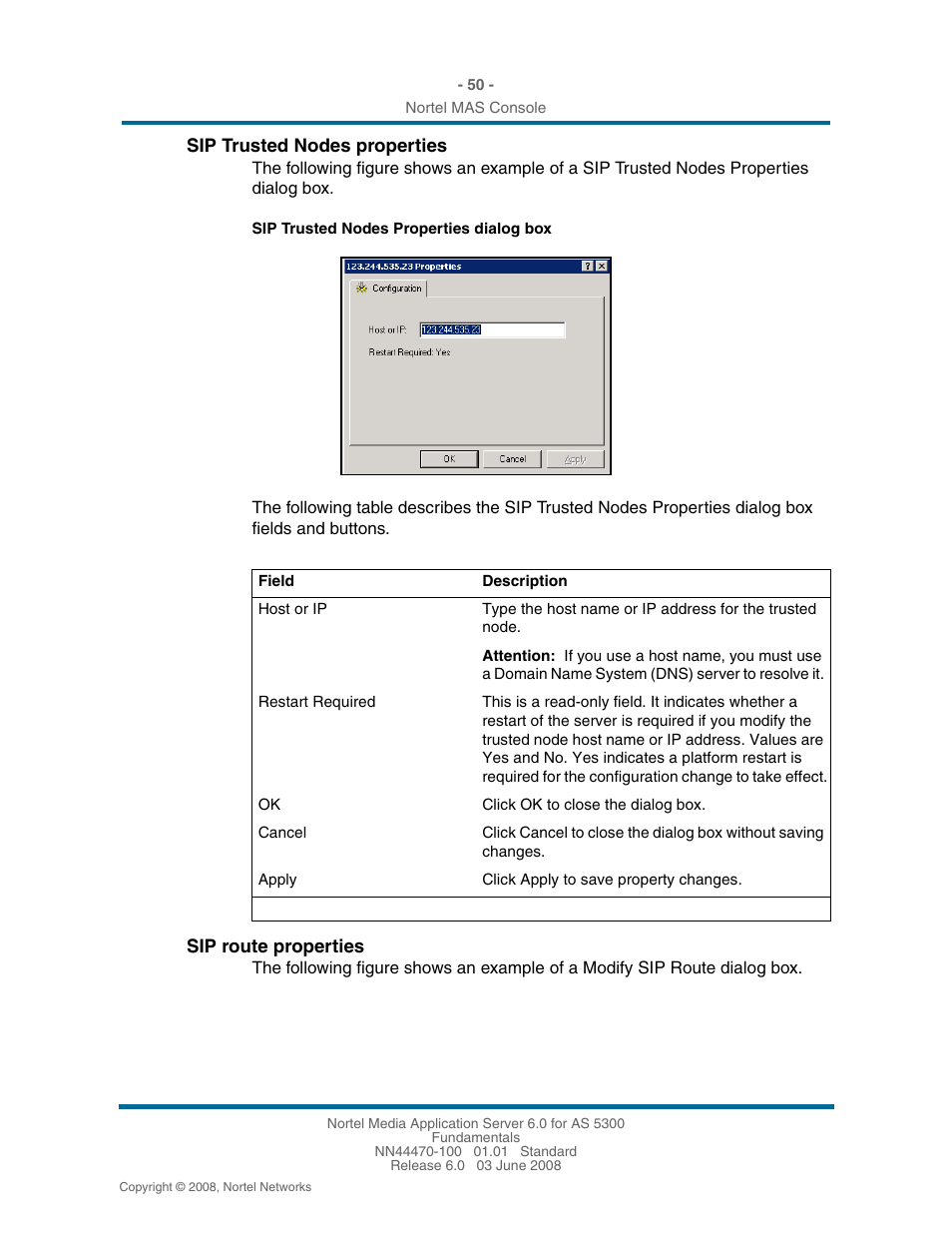 Sip trusted nodes properties, Sip route properties | Nortel Networks NN44470-100 User Manual | Page 50 / 63