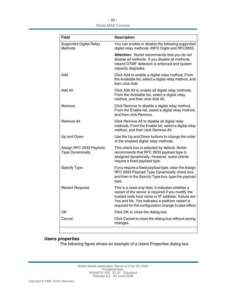 Users properties | Nortel Networks NN44470-100 User Manual | Page 56 / 63