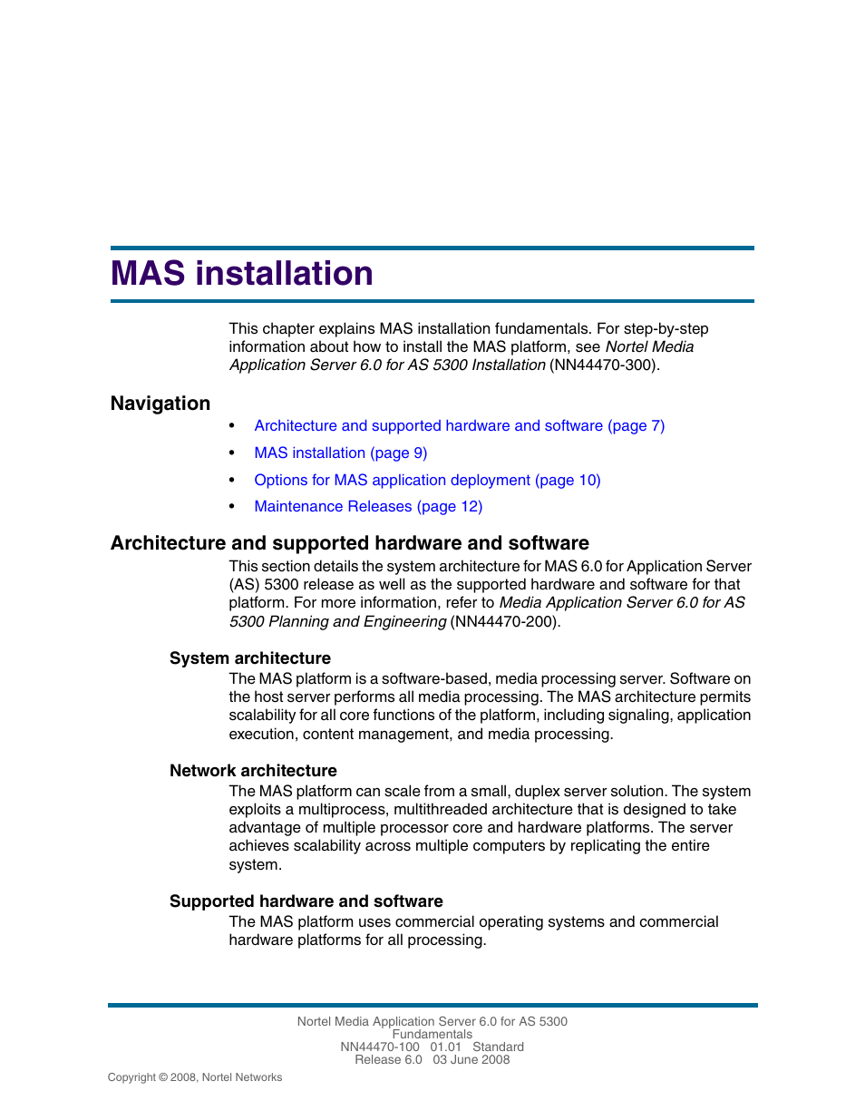 Mas installation, Architecture and supported hardware and software, System architecture | Network architecture, Supported hardware and software, Architecture and supported hardware and software 7, Navigation | Nortel Networks NN44470-100 User Manual | Page 7 / 63