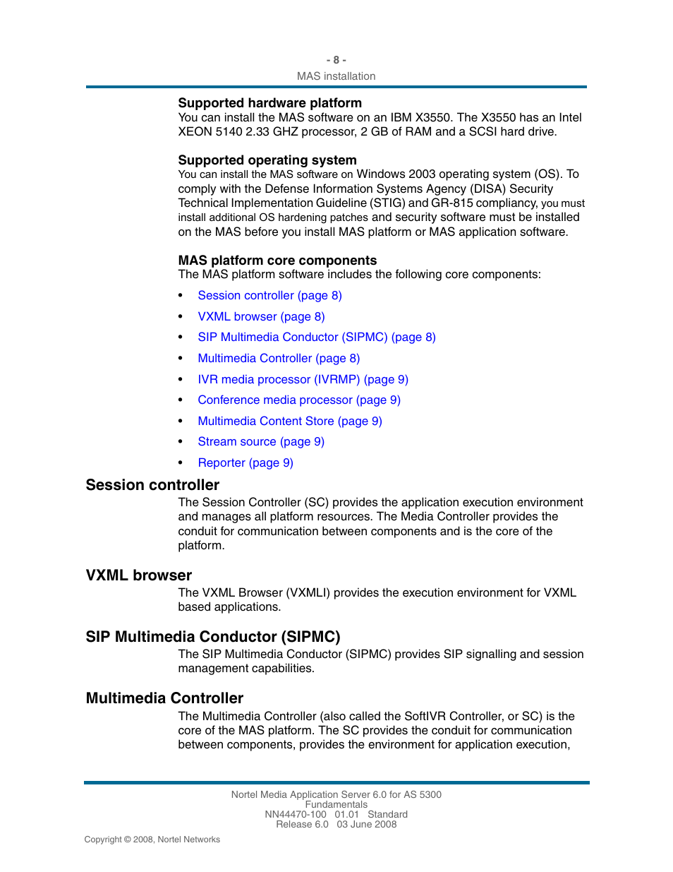 Session controller, Vxml browser, Sip multimedia conductor (sipmc) | Multimedia controller, Session controller 8, Vxml browser 8, Sip multimedia conductor (sipmc) 8, Multimedia controller 8 | Nortel Networks NN44470-100 User Manual | Page 8 / 63