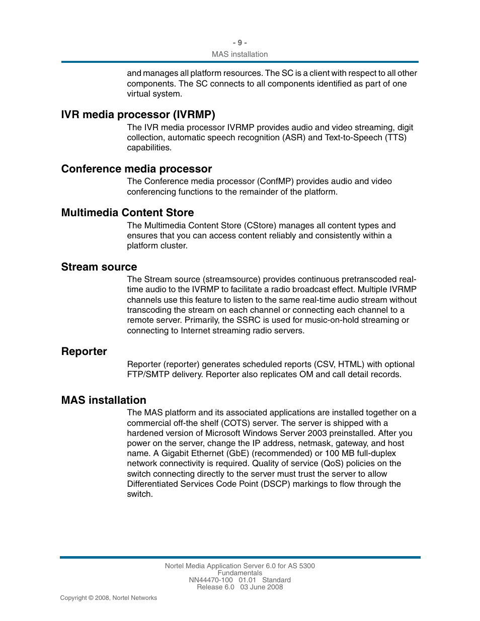 Ivr media processor (ivrmp), Conference media processor, Multimedia content store | Stream source, Reporter, Mas installation, Ivr media processor (ivrmp) 9, Conference media processor 9, Multimedia content store 9, Stream source 9 | Nortel Networks NN44470-100 User Manual | Page 9 / 63