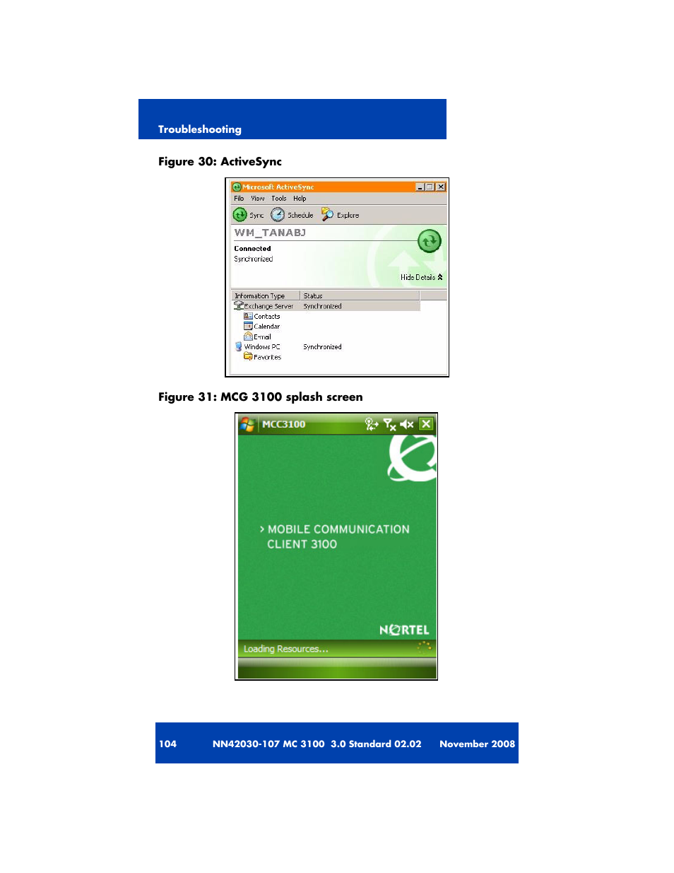 Figure 30, Figure 31 "mcg 3100 splash screen" on | Nortel Networks MOBILE COMMUNICATION CLIENT 3100 User Manual | Page 104 / 108