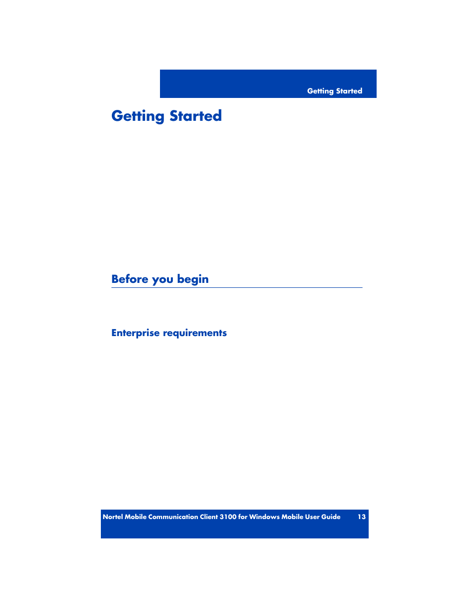 Getting started, Before you begin, Enterprise requirements | Nortel Networks MOBILE COMMUNICATION CLIENT 3100 User Manual | Page 13 / 108