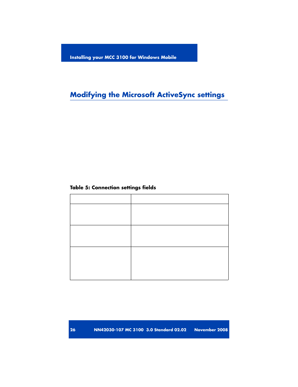 Modifying the microsoft activesync settings | Nortel Networks MOBILE COMMUNICATION CLIENT 3100 User Manual | Page 26 / 108