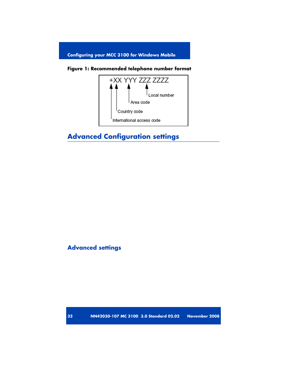 Advanced configuration settings, Advanced settings | Nortel Networks MOBILE COMMUNICATION CLIENT 3100 User Manual | Page 32 / 108