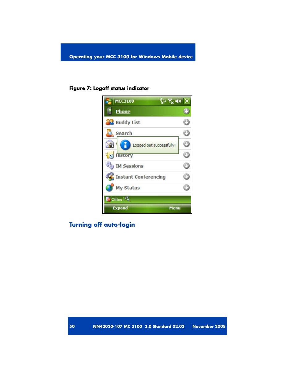 Turning off auto-login | Nortel Networks MOBILE COMMUNICATION CLIENT 3100 User Manual | Page 50 / 108