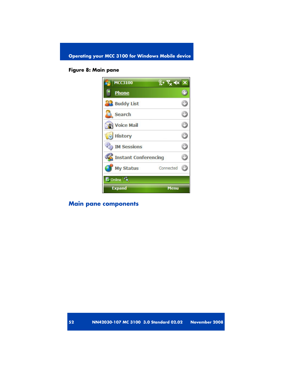 Main pane components | Nortel Networks MOBILE COMMUNICATION CLIENT 3100 User Manual | Page 52 / 108