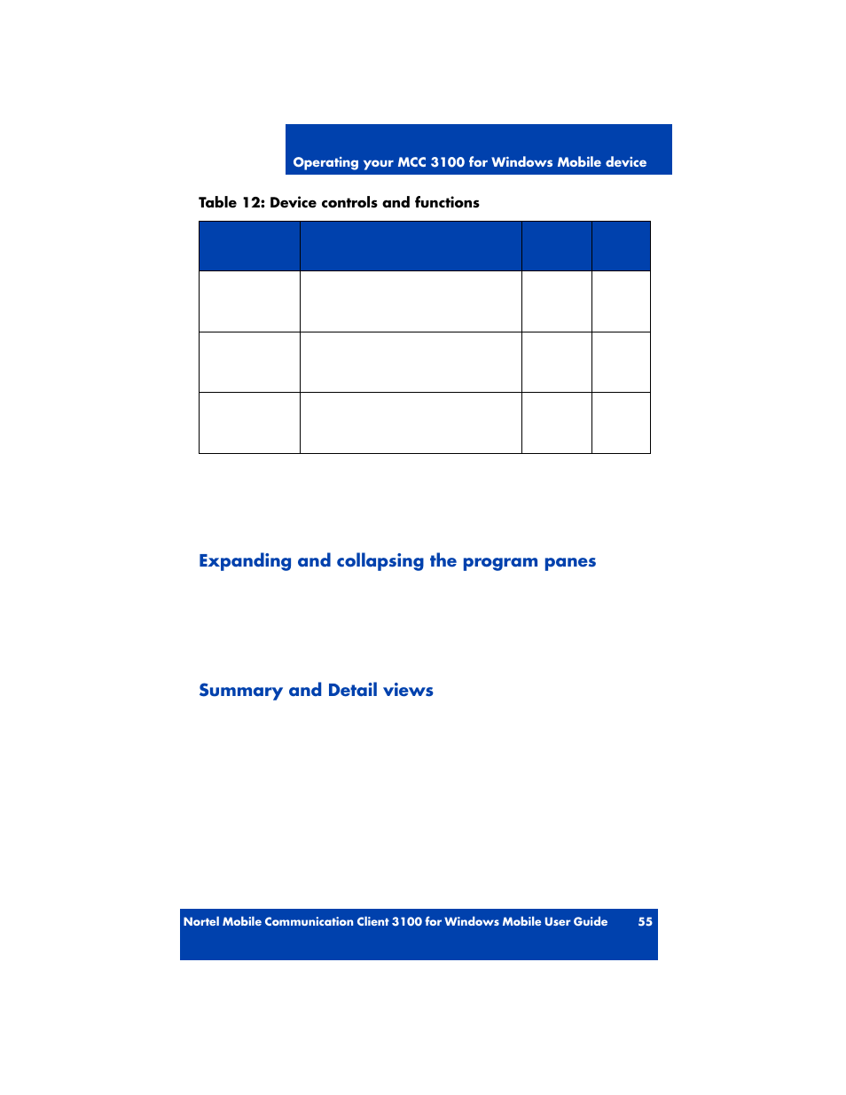 Expanding and collapsing the program panes, Summary and detail views | Nortel Networks MOBILE COMMUNICATION CLIENT 3100 User Manual | Page 55 / 108