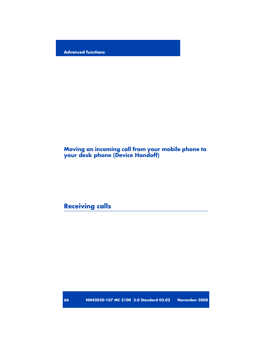 Receiving calls | Nortel Networks MOBILE COMMUNICATION CLIENT 3100 User Manual | Page 66 / 108