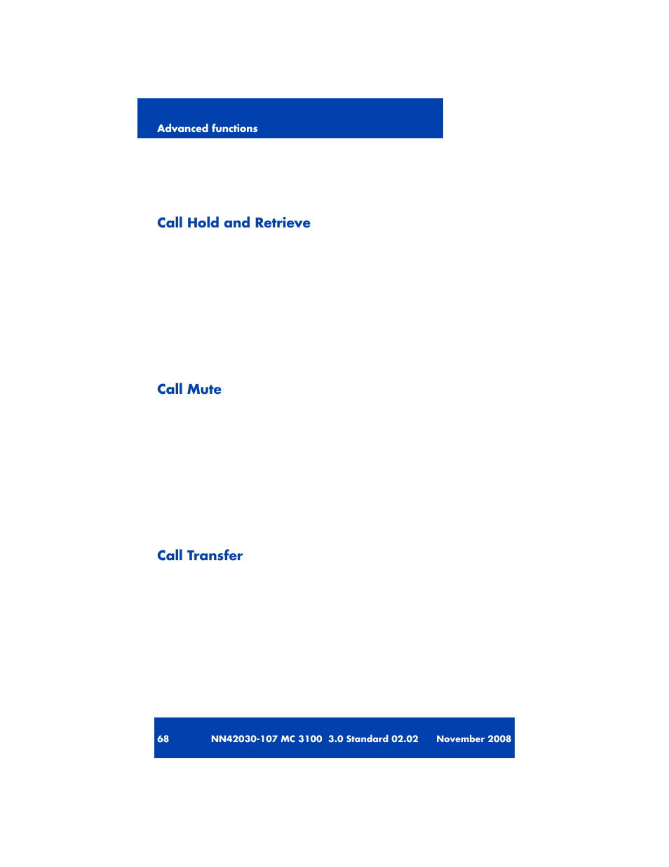 Call hold and retrieve, Call mute, Call transfer | Nortel Networks MOBILE COMMUNICATION CLIENT 3100 User Manual | Page 68 / 108