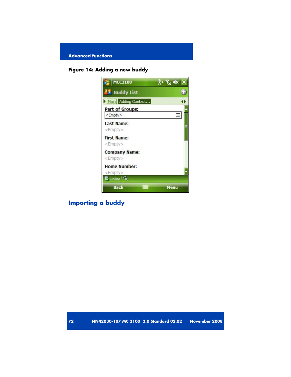 Importing a buddy | Nortel Networks MOBILE COMMUNICATION CLIENT 3100 User Manual | Page 72 / 108