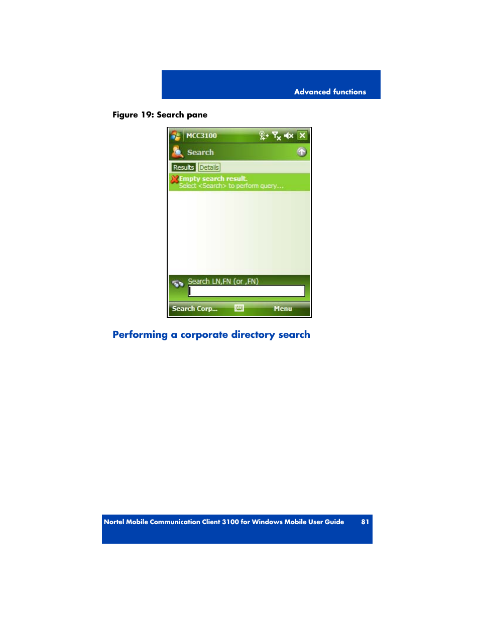 Performing a corporate directory search | Nortel Networks MOBILE COMMUNICATION CLIENT 3100 User Manual | Page 81 / 108