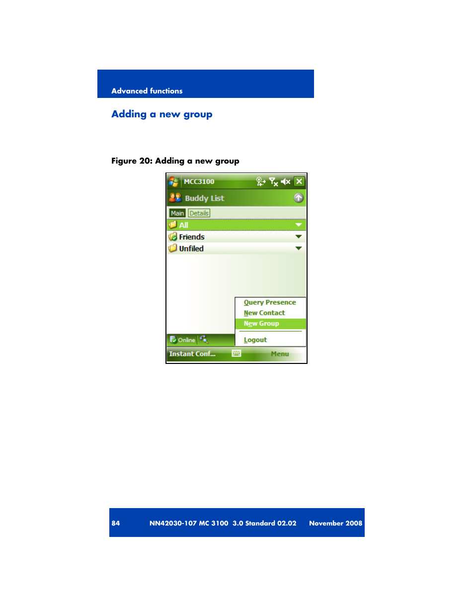 Adding a new group | Nortel Networks MOBILE COMMUNICATION CLIENT 3100 User Manual | Page 84 / 108