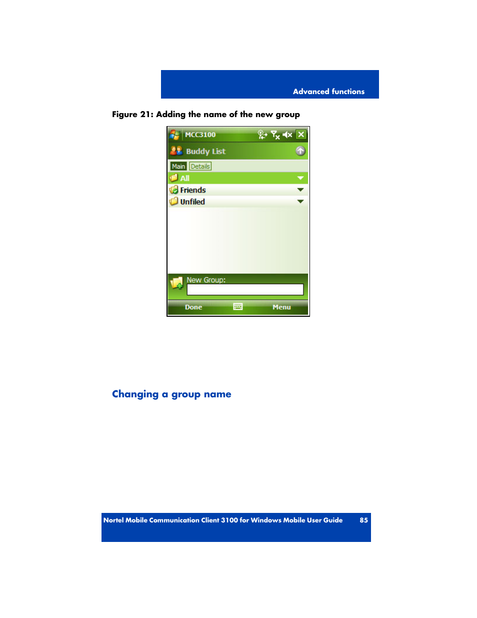 Changing a group name | Nortel Networks MOBILE COMMUNICATION CLIENT 3100 User Manual | Page 85 / 108