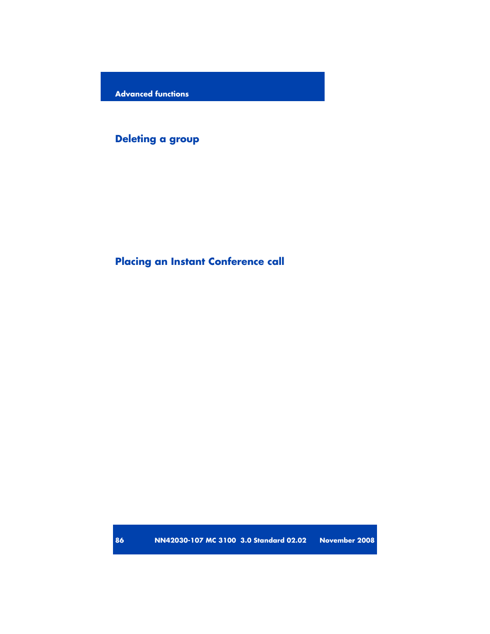 Deleting a group, Placing an instant conference call | Nortel Networks MOBILE COMMUNICATION CLIENT 3100 User Manual | Page 86 / 108