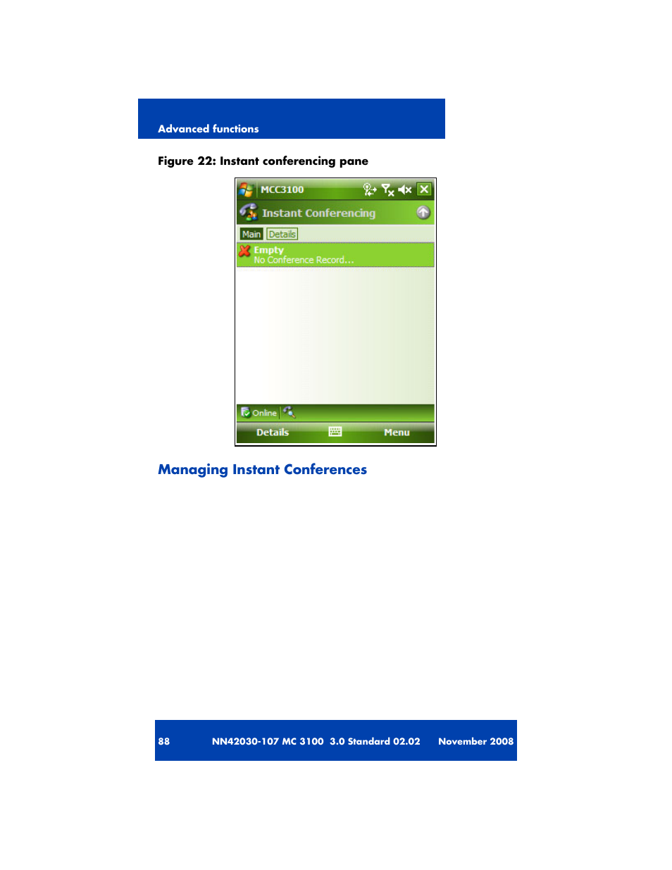 Managing instant conferences | Nortel Networks MOBILE COMMUNICATION CLIENT 3100 User Manual | Page 88 / 108