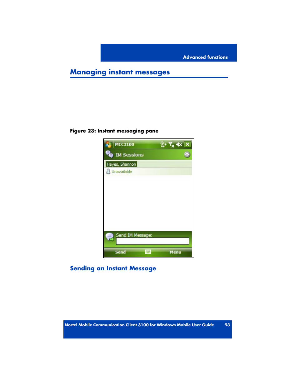 Managing instant messages, Sending an instant message | Nortel Networks MOBILE COMMUNICATION CLIENT 3100 User Manual | Page 93 / 108