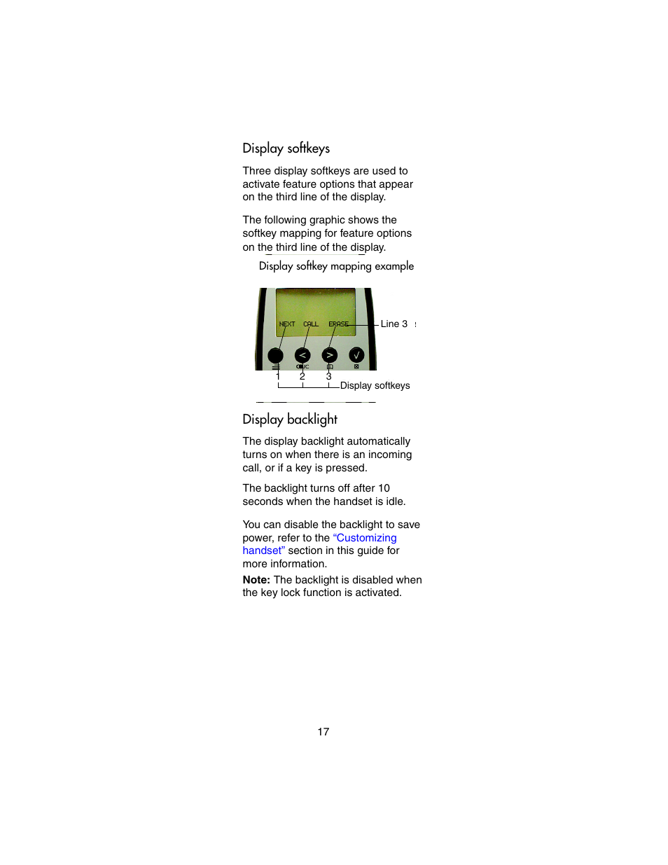 Display softkeys, Display backlight, Display softkeys display backlight | Nortel Networks 413X User Manual | Page 17 / 52