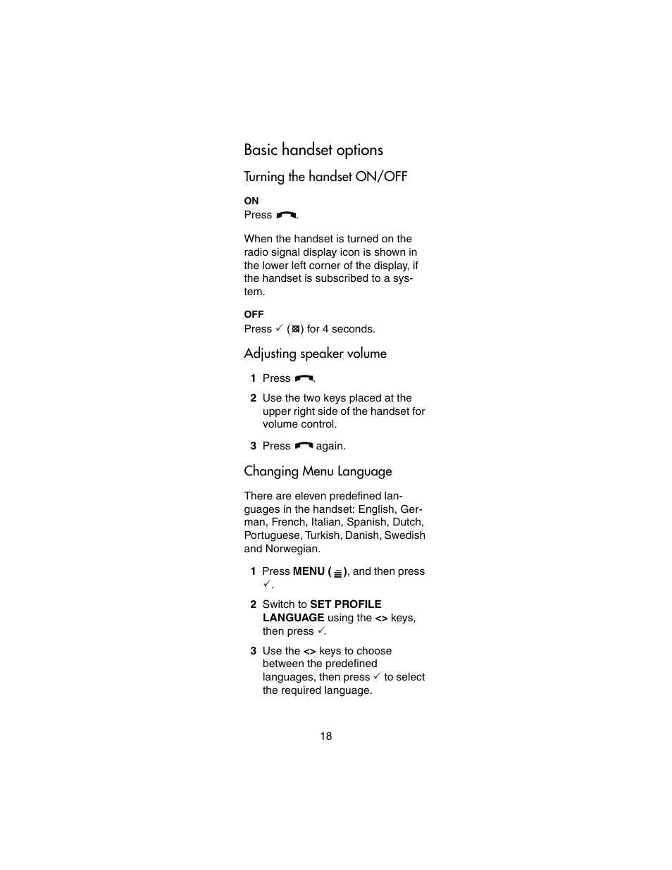 Basic handset options, Turning the handset on/off, Adjusting speaker volume | Changing menu language | Nortel Networks 413X User Manual | Page 18 / 52