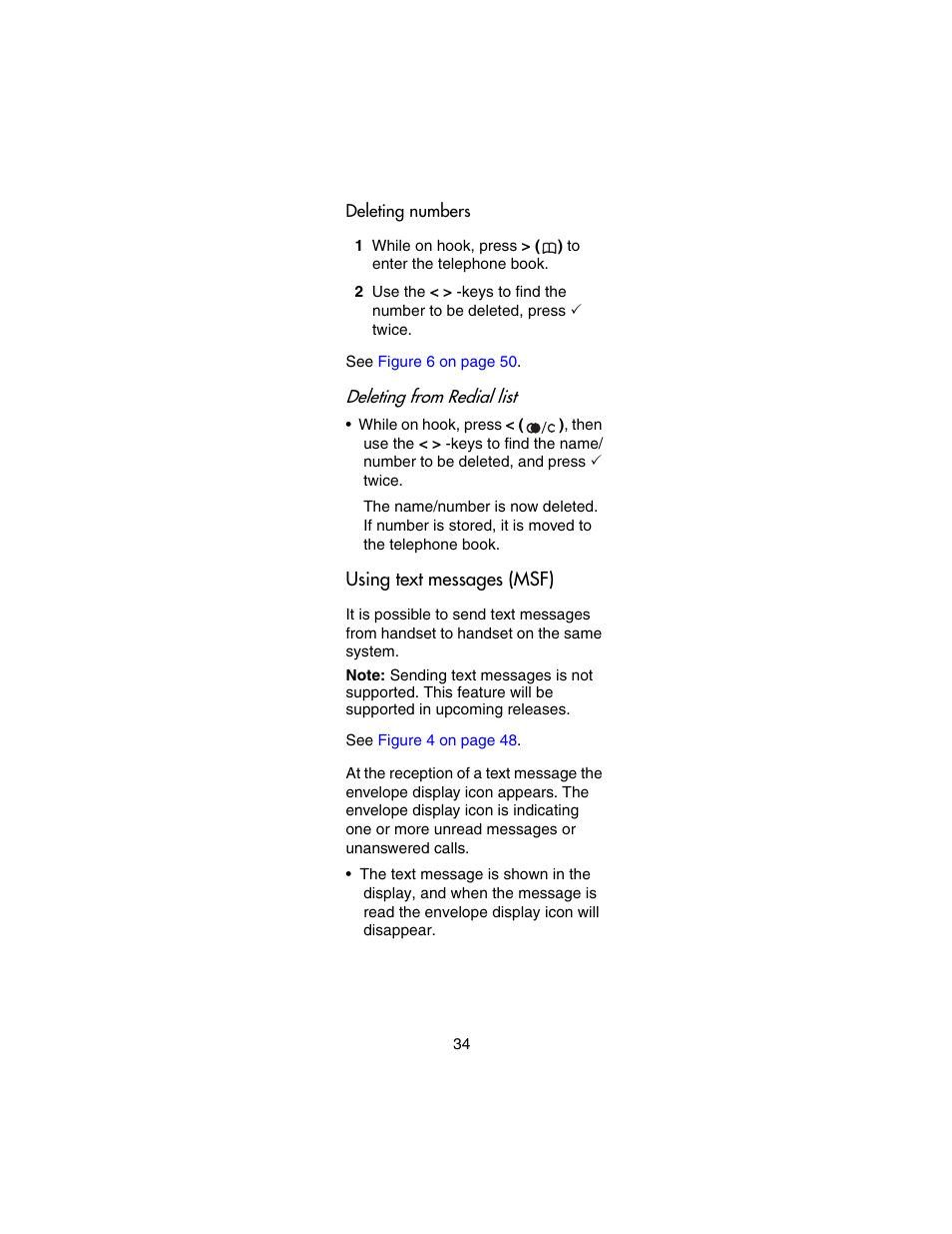 Deleting numbers, Using text messages (msf) | Nortel Networks 413X User Manual | Page 34 / 52