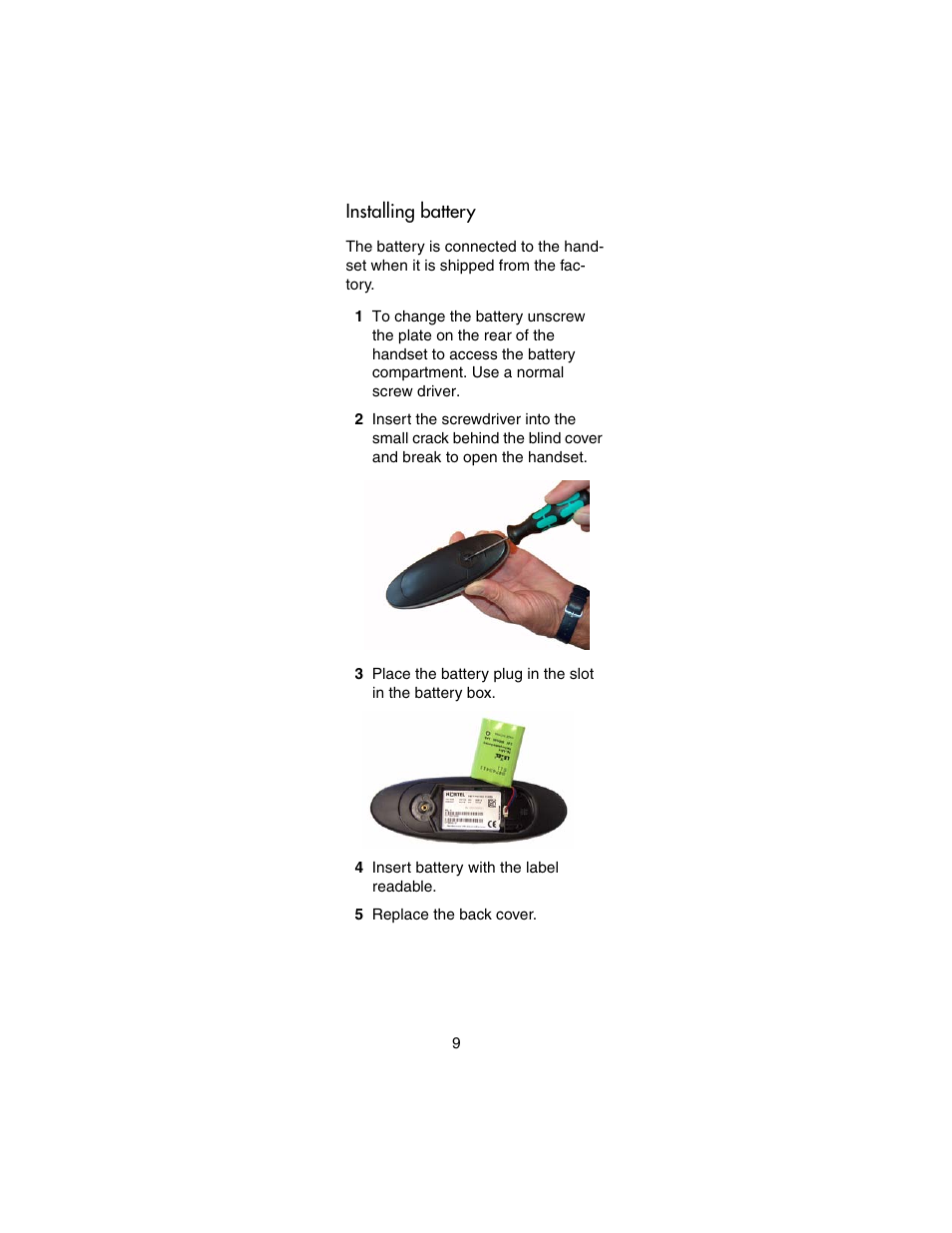 Installing battery | Nortel Networks 413X User Manual | Page 9 / 52