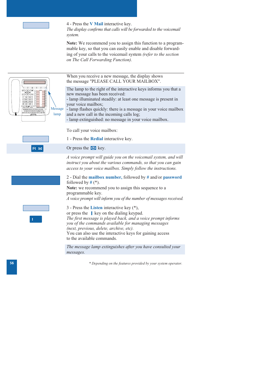 The voice mailbox, Consulting messages received, Mailbox no. # pswd | Nortel Networks M760 User Manual | Page 64 / 94