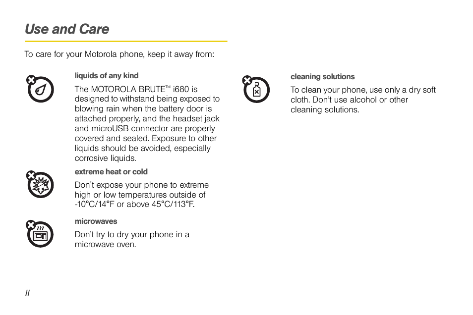 Use and care | Nortel Networks MOTOROLA BRUTE I680 User Manual | Page 10 / 193