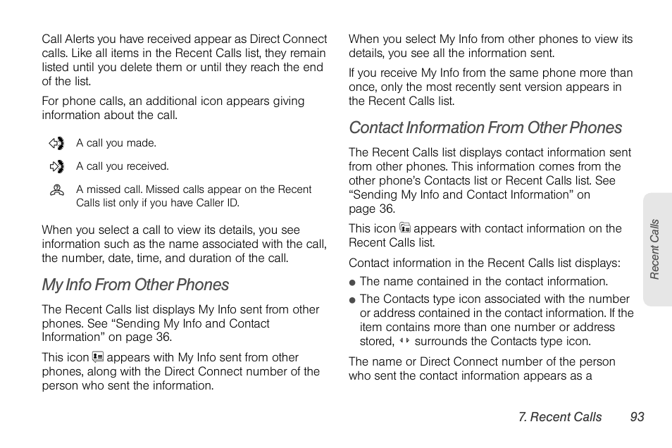 My info from other phones, Contact information from other phones | Nortel Networks MOTOROLA BRUTE I680 User Manual | Page 103 / 193