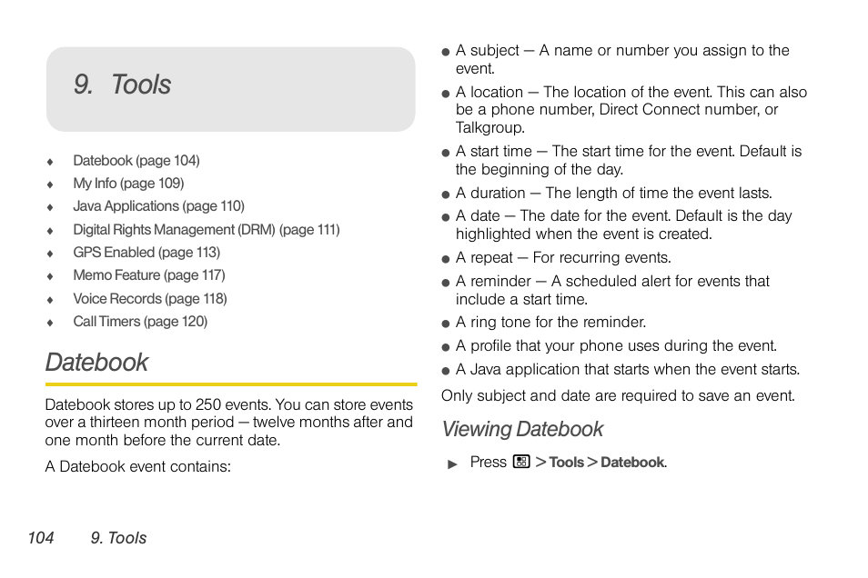 Tools, Datebook, Viewing datebook | Nortel Networks MOTOROLA BRUTE I680 User Manual | Page 114 / 193