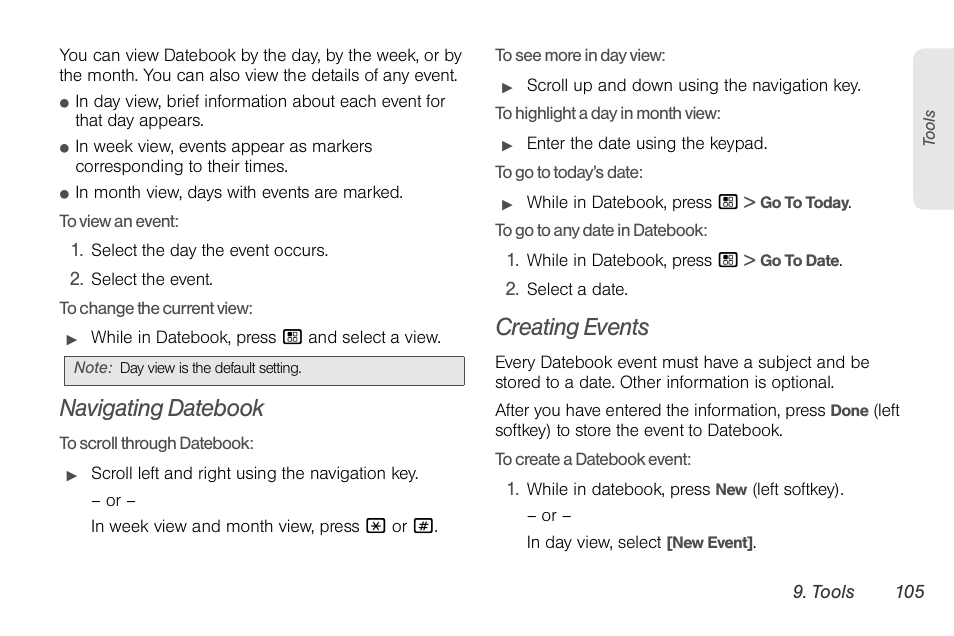 Navigating datebook, Creating events | Nortel Networks MOTOROLA BRUTE I680 User Manual | Page 115 / 193