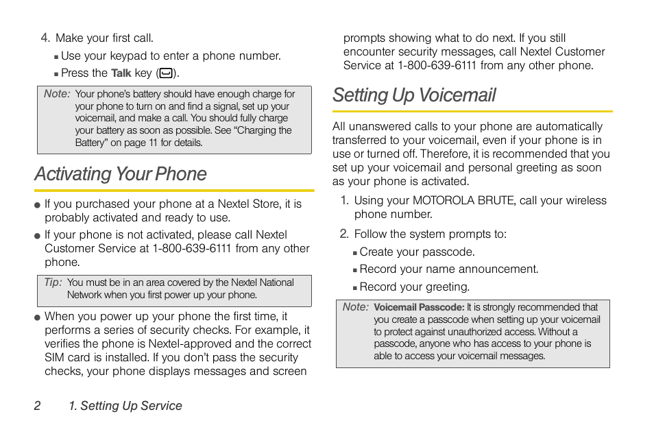 Activating your phone, Setting up voicemail | Nortel Networks MOTOROLA BRUTE I680 User Manual | Page 12 / 193