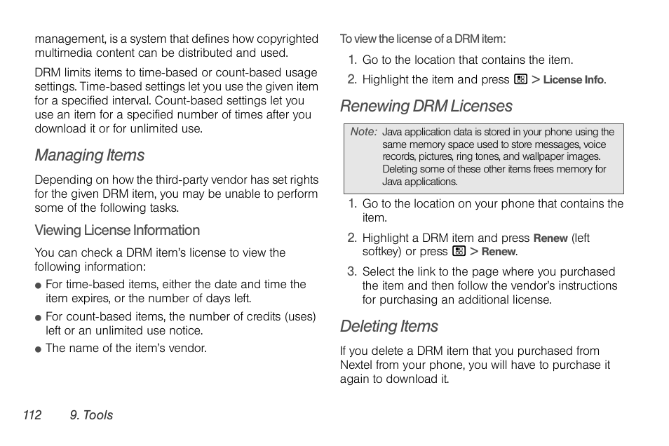 Managing items, Renewing drm licenses, Deleting items | Nortel Networks MOTOROLA BRUTE I680 User Manual | Page 122 / 193