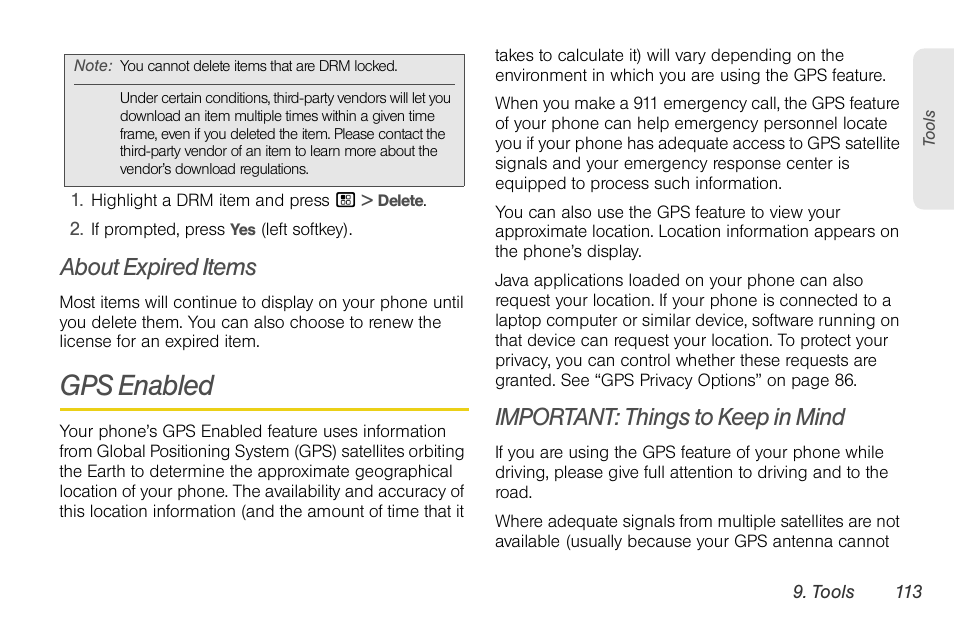 About expired items, Gps enabled, Important: things to keep in mind | Nortel Networks MOTOROLA BRUTE I680 User Manual | Page 123 / 193