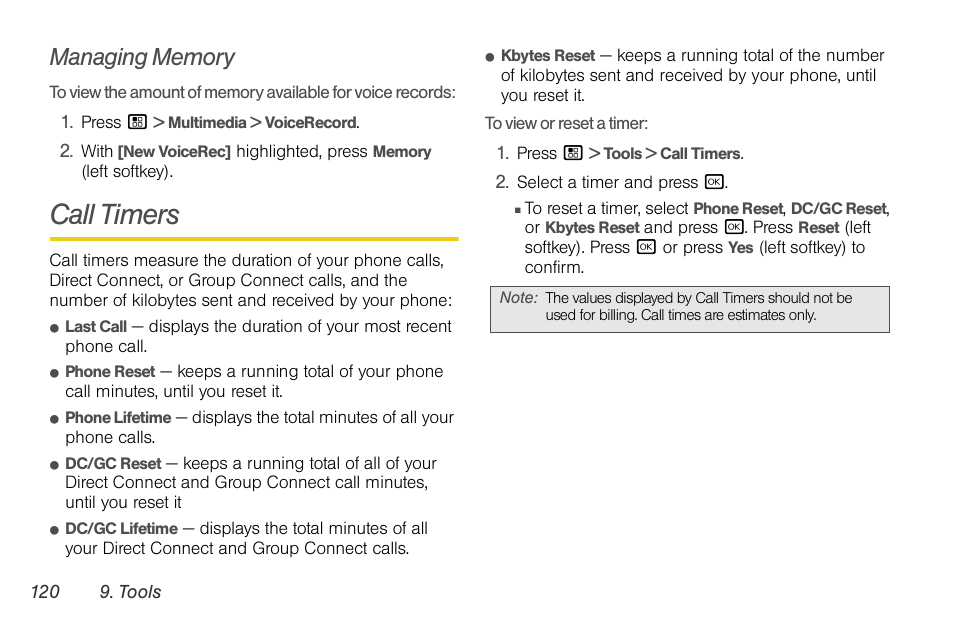 Managing memory, Call timers | Nortel Networks MOTOROLA BRUTE I680 User Manual | Page 130 / 193