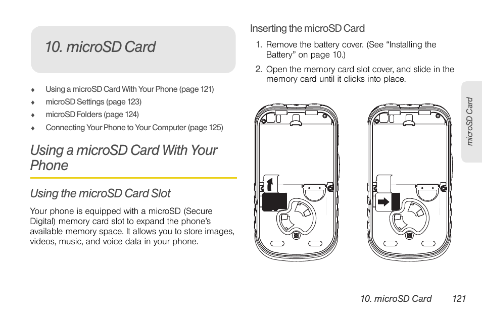 Microsd card, Using a microsd card with your phone, Using the microsd card slot | Nortel Networks MOTOROLA BRUTE I680 User Manual | Page 131 / 193