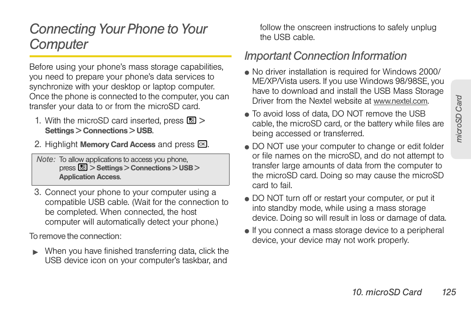 Connecting your phone to your computer, Important connection information | Nortel Networks MOTOROLA BRUTE I680 User Manual | Page 135 / 193